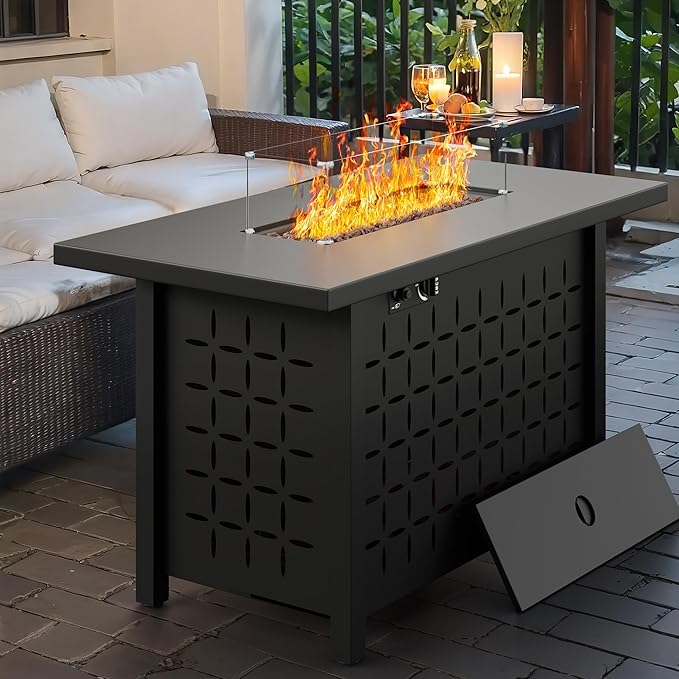 JAMFLY Propane Fire Pit Table, 43'' Gas Fire Pits Table for Outside, 2 in 1 Propane Fire Pit 50,000 BTU with Lava Rocks, Glass Wind Guard, Waterproof Cover and Lid