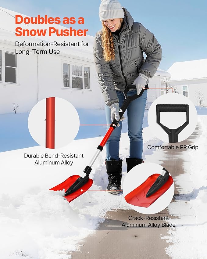 VEVOR Snow Shovel for Driveway, 9 in Foldable Snow Shovel with D-Shaped Handle, 36-40 in Adjustable, Lightweight Aluminum Alloy Snows Removal Tool, Reduce Back Strains for Garden Car Camping