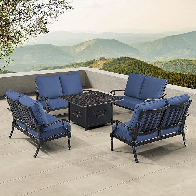 Oakland Living Black Aluminum Patio Fire Table Set with Four Deep Seating Loveseat with Cushions with Blue Cushions