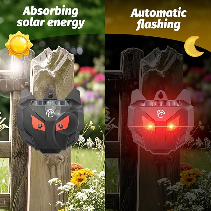Solar Powered Racoon Repellent Devices with Flashing Lights, Waterproof Coyote Deterrent Device Energy-Efficient Predator Lights for Chicken Coop