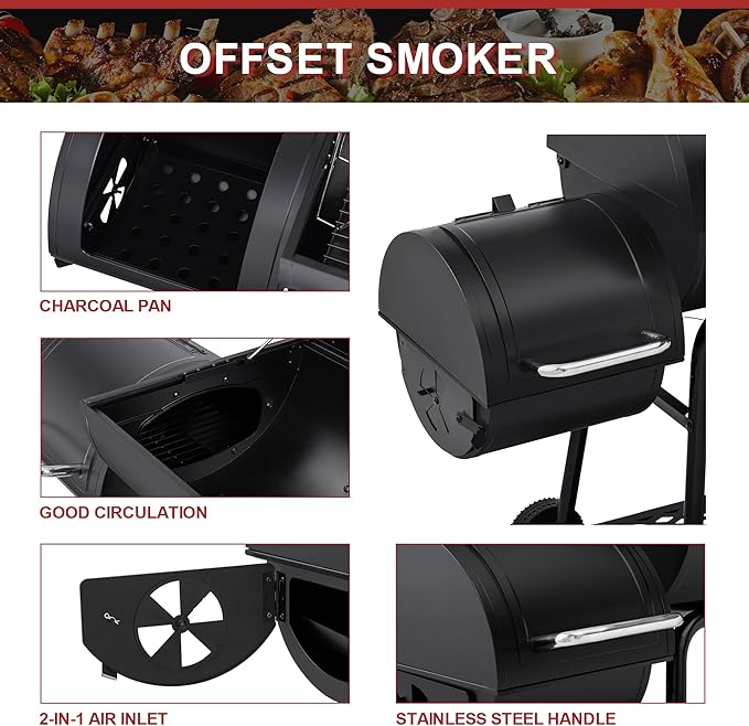 Royal Gourmet CC1830M 30 Inch Barrel Charcoal Grill with Offset Smoker & Warming Rack, Outdoor BBQ Grill with 811 Sq. In. Grilling Space for Backyard, Patio and Parties, Black