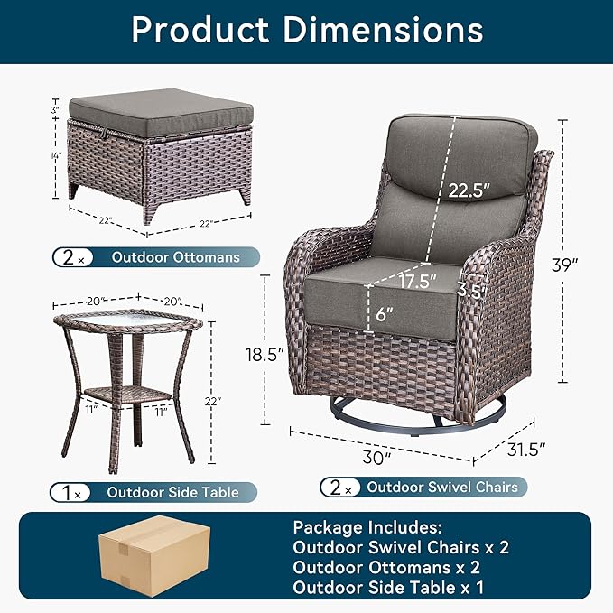 Luxury High Back Outdoor Furniture with 6-Inch Thick Cushions, Patio Furniture Set with Ottomans, 5 PCS Wicker Conversation Set for Porch, Balcony, Deck and Yard