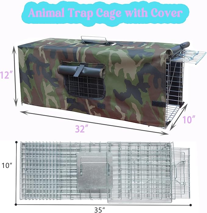Live Feral Cat Trap Cage with Cover, Heavy Duty Folding Animal Traps Cage for Stray Cats, Large Humane Cat Trap for Raccoon, Squirrel, Skunk, Catch and Release