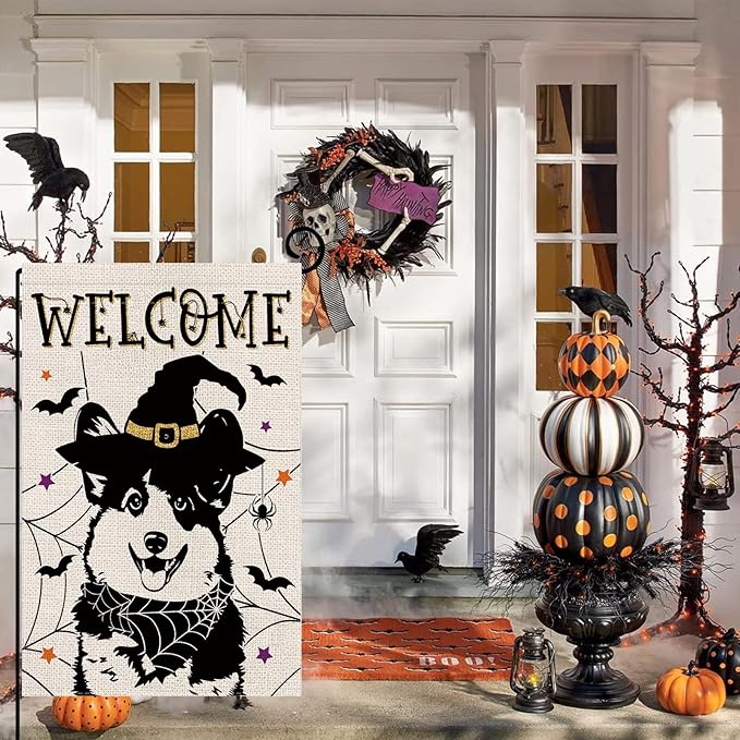 Halloween Garden Flag Corgi Cobweb Bats Double Sided Vertical Welcome Flag Holiday Outdoor Yard Lawn Decorations 12.5 x 18 Inch