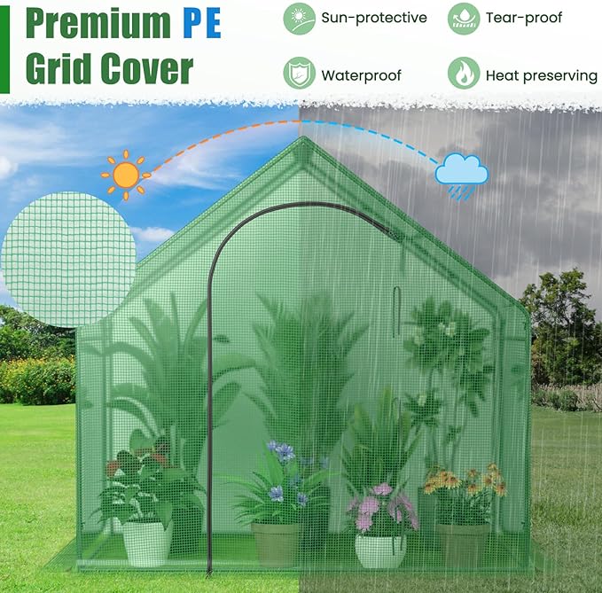 HAPPYGRILL Walk-in Greenhouse, 6 x 3 x 5.5 FT Portable Outdoor Green House for Winter w/ PE Cover, Rustproof PE-Coated Metal Frame, Roll-up Zippered Door, Window, Greenhouse for Outdoors