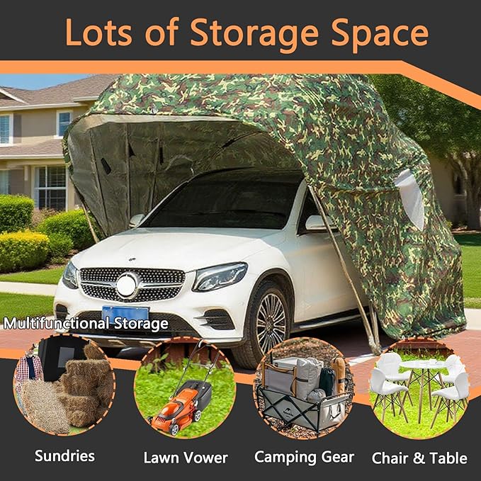 Car Port Portable Storage Shed Carport Canopy Carports Metal Carport Round Style Outdoor Storage Shed Lockable for Automotive Use Anti-Snow Waterproof(Green)