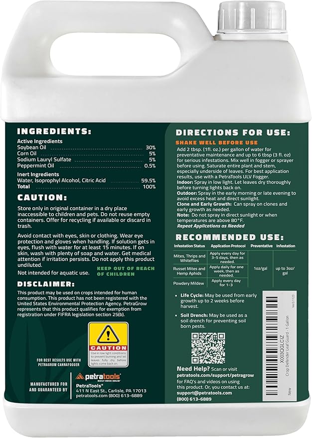 PetraGrow Crop Defender Leaf Guard Super Concentrate Pesticide, Miticide, Plant Fungicide, Insecticide for Indoor Plants, Spider Mite Spray, Powdery Mildew Spray for Plants - 1 Gal
