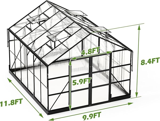 AMERLIFE 10x12 FT Heavy Duty Aluminum Greenhouse with 4 Roof Vents & Rain Gutter, Polycarbonate Greenhouse for Outdoor Garden Backyard, Black