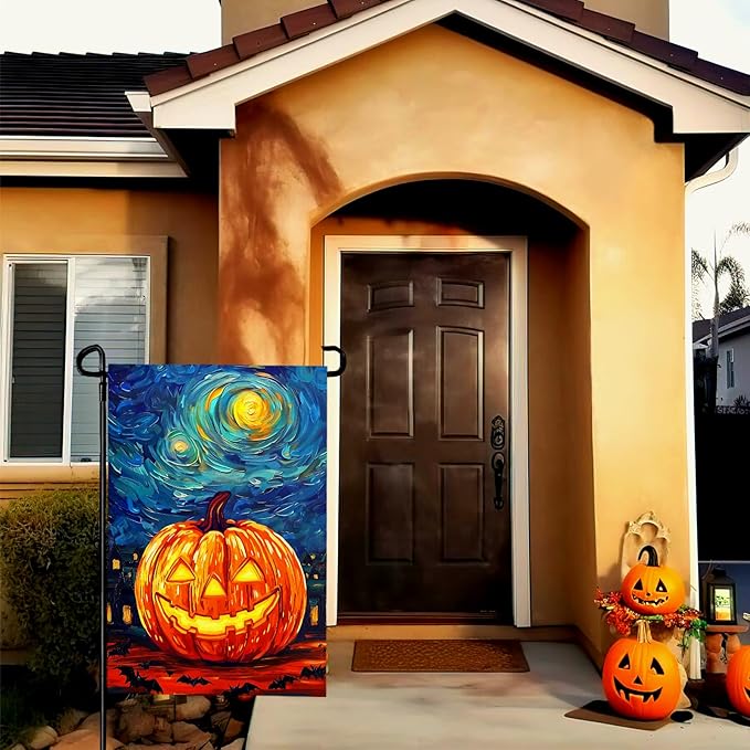 Halloween Garden Flag Pumpkin Van Gogh Arts Yard Flag Arts Starry Night Sky Moon Bat Double Sided House Banner Fall Oil Paintitng Porch Patio Lawn Farmhouse Outside Decor 12 x 18 Inch