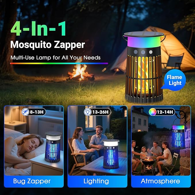 Solar Bug Zapper Outdoor Waterproof, 4 in 1 Solar Mosquito Zapper Outdoor, Cordless Solar Fly Zapper with RGB, Flame Light and LED Camping Lantern