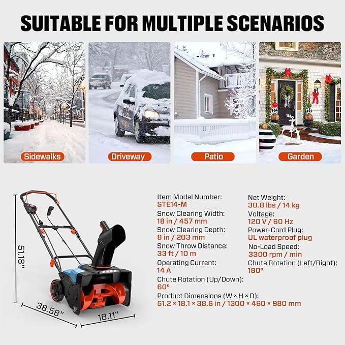 SENIX Electric Snow Blower,18 Inch Snow Thrower, Corded Snow Blower with 8-Inch Clearing Depth, 500lbs/min, 33ft Max Throw Distance, 15Amp 1700 Watt Motor, 4 LED Lights (STE14-M)