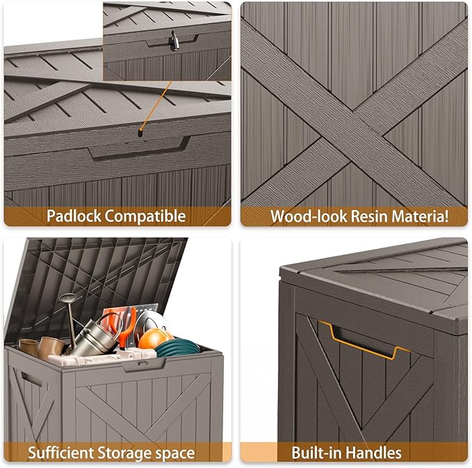 ROJIK 35 Gallon Outdoor Storage Housing Deck Box,Waterproof Patio Furniture, Garden Tools, Cushions, Pool Accessories Storage Bench with Lockable Lid and Side Handles(Grey)