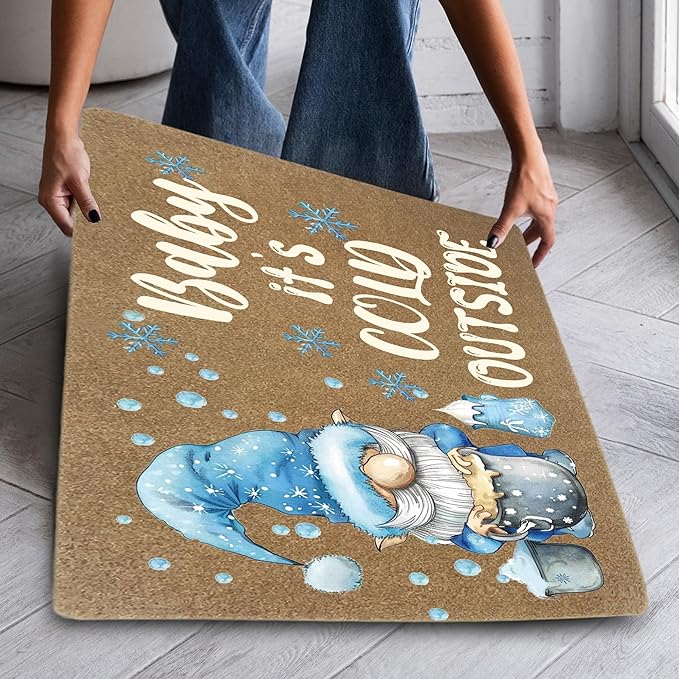 Winter Christmas Gnome Faux Coir Door Mats Outdoor, Blue Gnome Snowflake Christmas Door Mat for Home Outside Entryway, Winter Welcome Doormat for Indoor Outdoor Porch Entrance, 17x30 Inch
