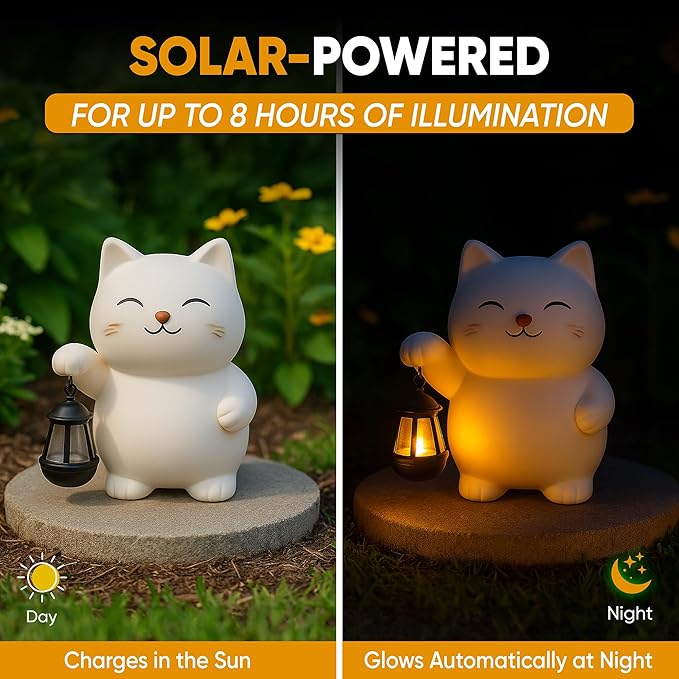 Solar Cat Garden Statue – Outdoor Garden Art, Lawn Ornaments & Patio Yard Decor, Cat Lover Gifts for Women Mom Grandma