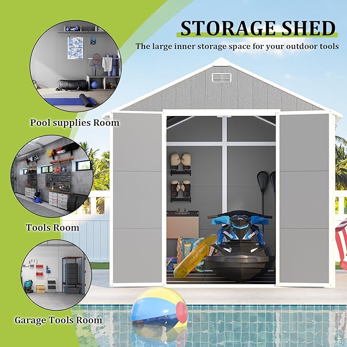 Outdoor Storage Shed 8x8 FT, Resin Shed with Floor & Window, Lockable Door, Vents, Outside Sheds & Garden Shed for Patio Furniture, Gardening Tools, Pool Equipment (Grey, 8 * 8ft)