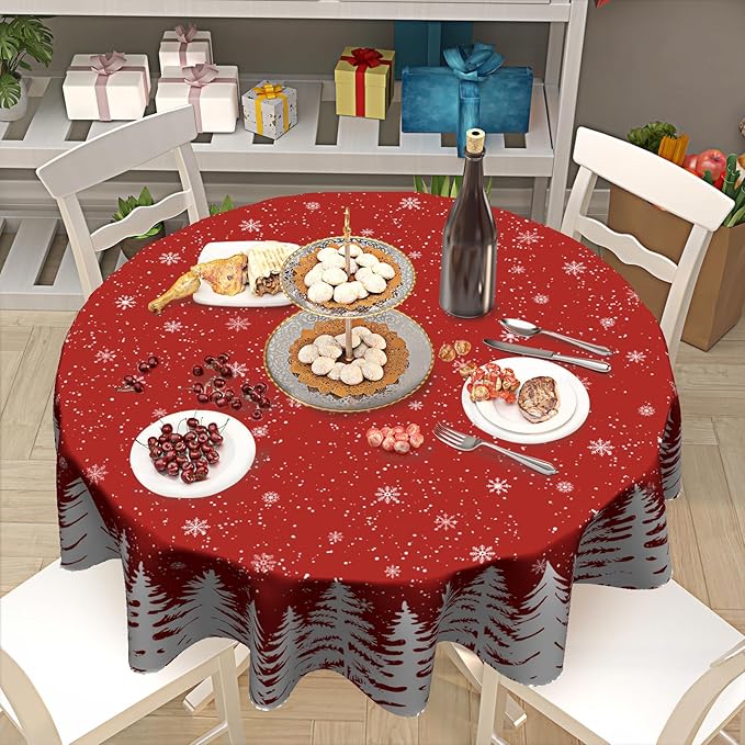 Giwawa Xmas Round Tablecloth 60 Inch, Farmhouse Red White Pine Trees Snowflakes Festive Washable Polyester Table Cover for Picnic Dinner Kitchen Winter Seasonal Holiday Party Decoration