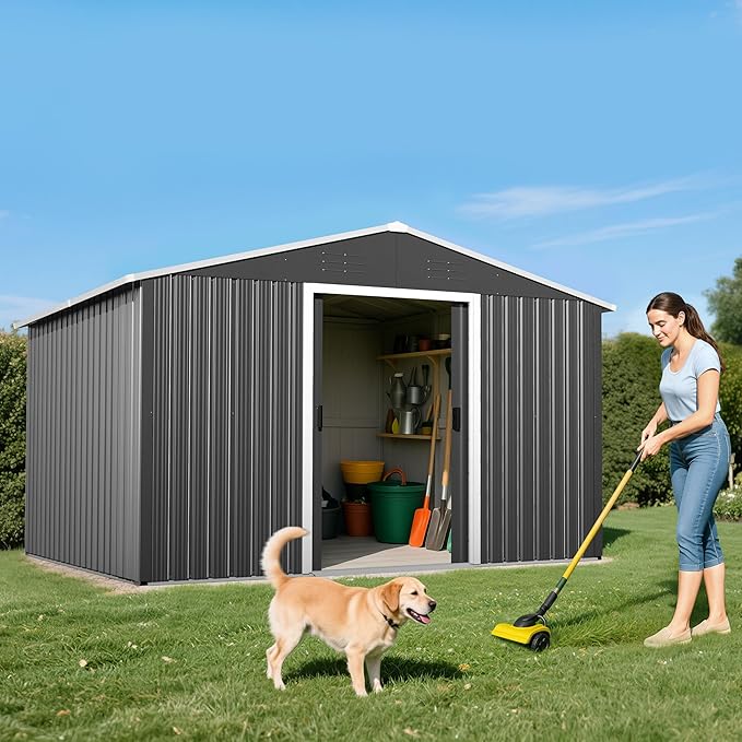 Nuu Garden 8 x 10 FT Outdoor Storage Shed with Sliding Doors, Galvanized Sheet Tool Shed with Sloping Roof, Anti-Corrosion Garden Shed with Air Vents for Backyard Patio Lawn, Black