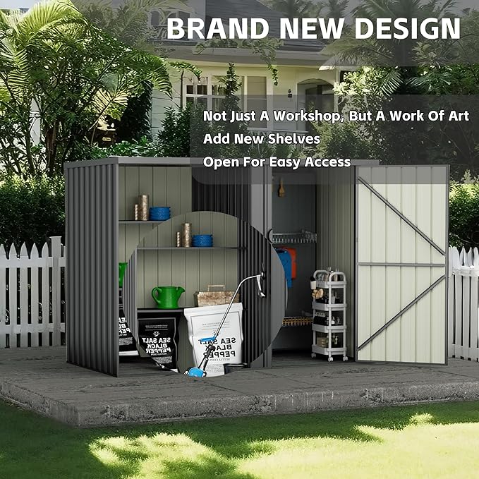 8×4 FT Metal Outdoor Storage Shed with Shelves, Lockable Waterproof Garden Tool Shed, Robust Backyard Patio Shed with Sloped Roof for Lawn Mower, Dark Gray (No Floor)