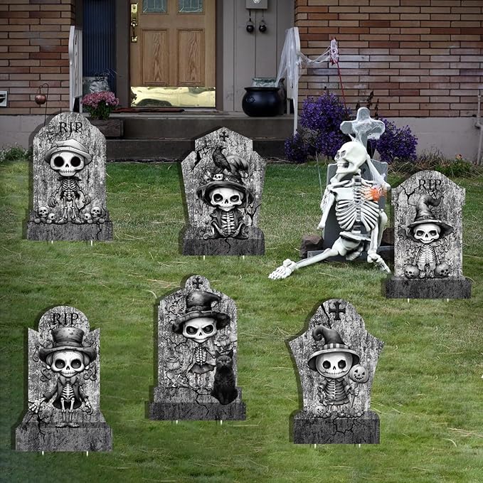6pcs Halloween Tombstones Outdoor Yard Signs: Grave Skeletons, Black Cat, Crow, 11”x16.53 Halloween Home Party Decorations, Waterproof Safety Boards