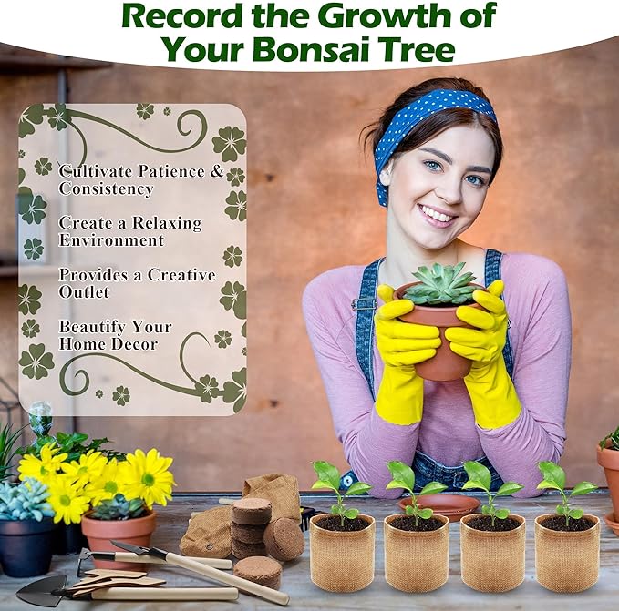 Bonsai Tree Kit, Wooden Bonsai Starter Kit, Coolrunner Bonsai Tree Starter Kit, Mini Bonsai Plant Growing Kit with Seeds Packets, Soil Discs, Jute Bags, Plant Markers, Gardening Tools etc (No Seeds)