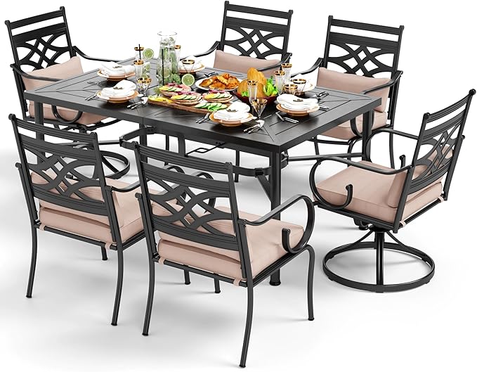 PHI VILLA 7 Pcs Patio Dining Sets,Outdoor Table Chair Set for 6 with 2 Outdoor Swivel Chairs and Metal Rectangular Table,Outdoor Dining Furniture with Cushion and Pillow for Garden Lawn Deck