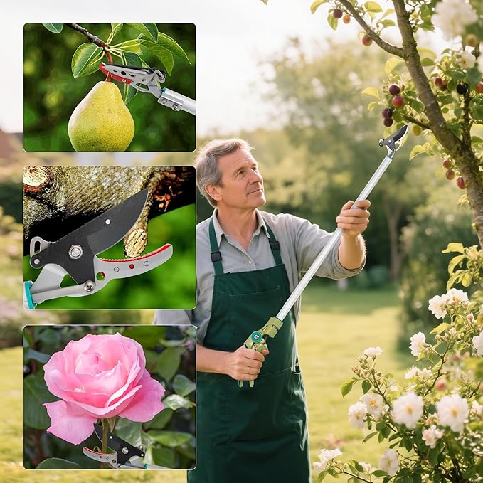 GARTOL Cut & Hold Long Reach Pole Pruner, 32 Inch Lightweight Tree Trimmer Long handle Pruner, Cuts up to 1/2 Inch, One-Hand Garden Pruning Shears for Branches Trimming, Fruit Picking