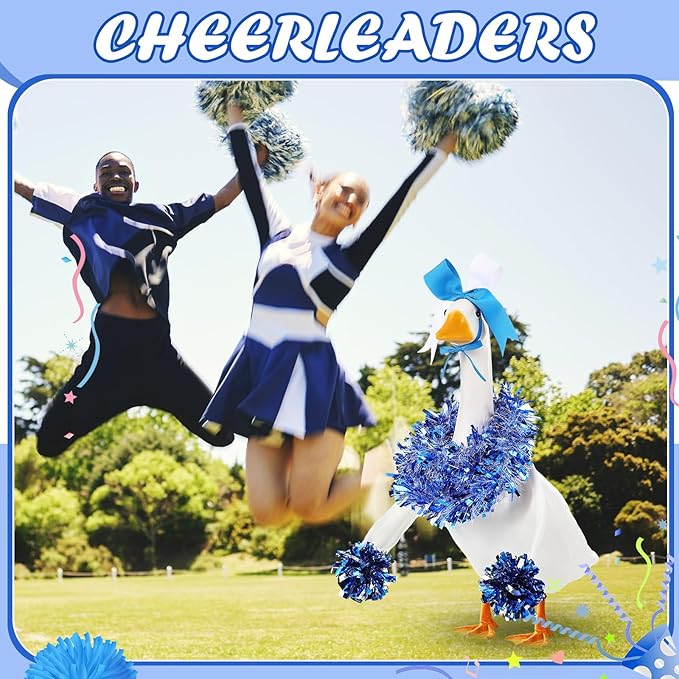 3 Pcs Cheerleader Porch Goose Outfit Poseable Wings with Pom Poms Garland and Bow for 23" Lawn Cement Goose Football Halloween Garden Patio Yard Outdoor Classroom Decorations(Blue)