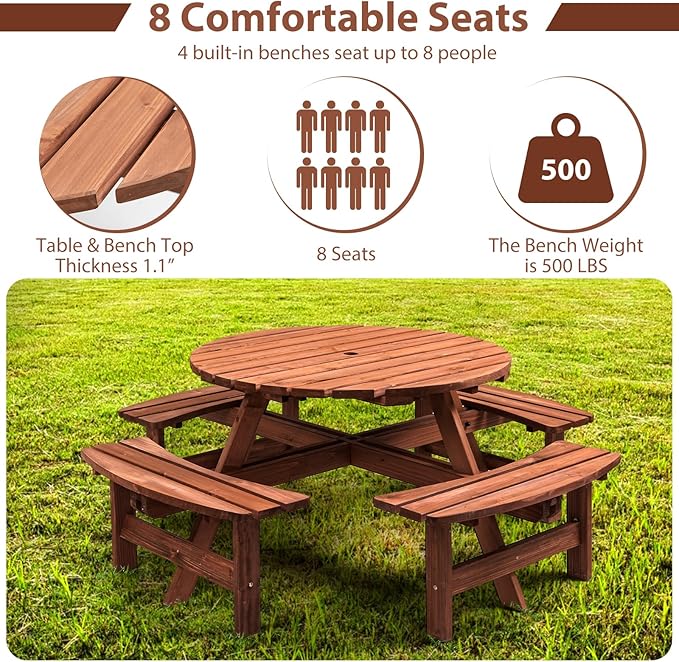 8-Person Round Wooden Picnic Table with Seat, Outdoor Camping Dining Table with 4 Built-in Benches, Brown