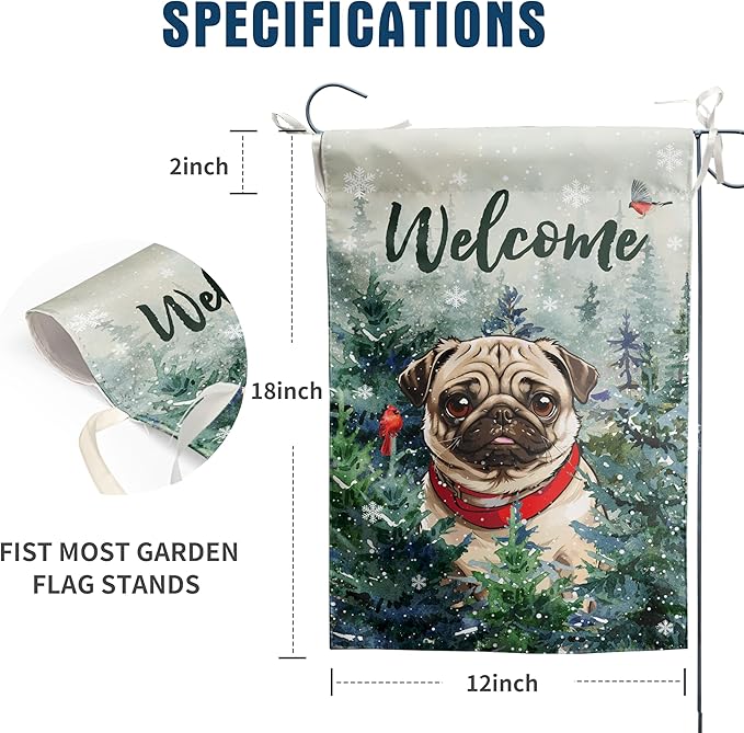 Welcome Winter Garden Flags Pug Garden Flag Cardinal Birds on Snowy Pine Tree Flag Dog Yard Flags for Outside 12x18 Double Sided Christmas Decorative Lawn Flags