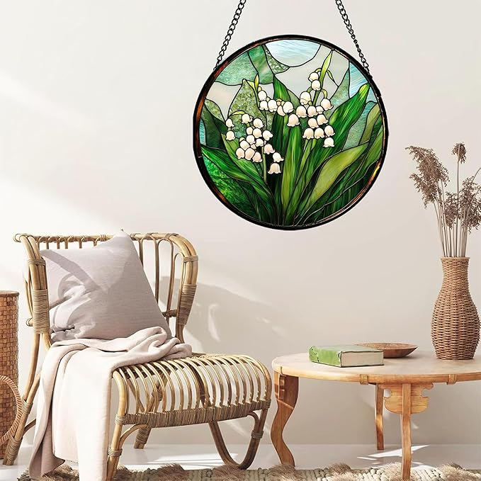 Stained Glass Window Hanging - White Green Lily of The Valley Suncatcher for Doors Garden Terrace Plant Sun Catchers Decor Mother's Day Birthday Flowers Gifts for Women Men Mom 6.3 in