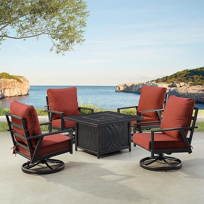 Oakland Living Black Aluminum Patio Fire Table Set with Four Club Chairs with Red Cushions