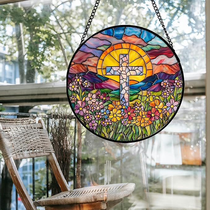 Stained Glass Window Hanging - Cross Flower Sea Sun Catcher for Door Terrace Garden Home Decor, Mountains Landscape Suncatcher Birthday Gifts for Lovers Women Men Dad Mom Nana 15 in