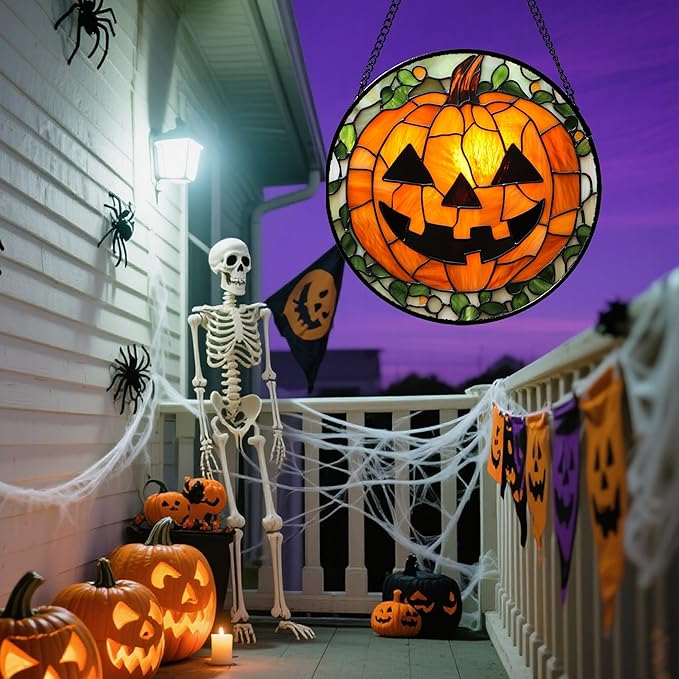 Stained Glass Window Hanging, Halloween Decorations Evil Pumpkin Suncatcher for Doors Garden Indoor Spooky Funny Orange Sun Catchers Gothic Decor Horror Gifts for Women Men Friend 9.8 in