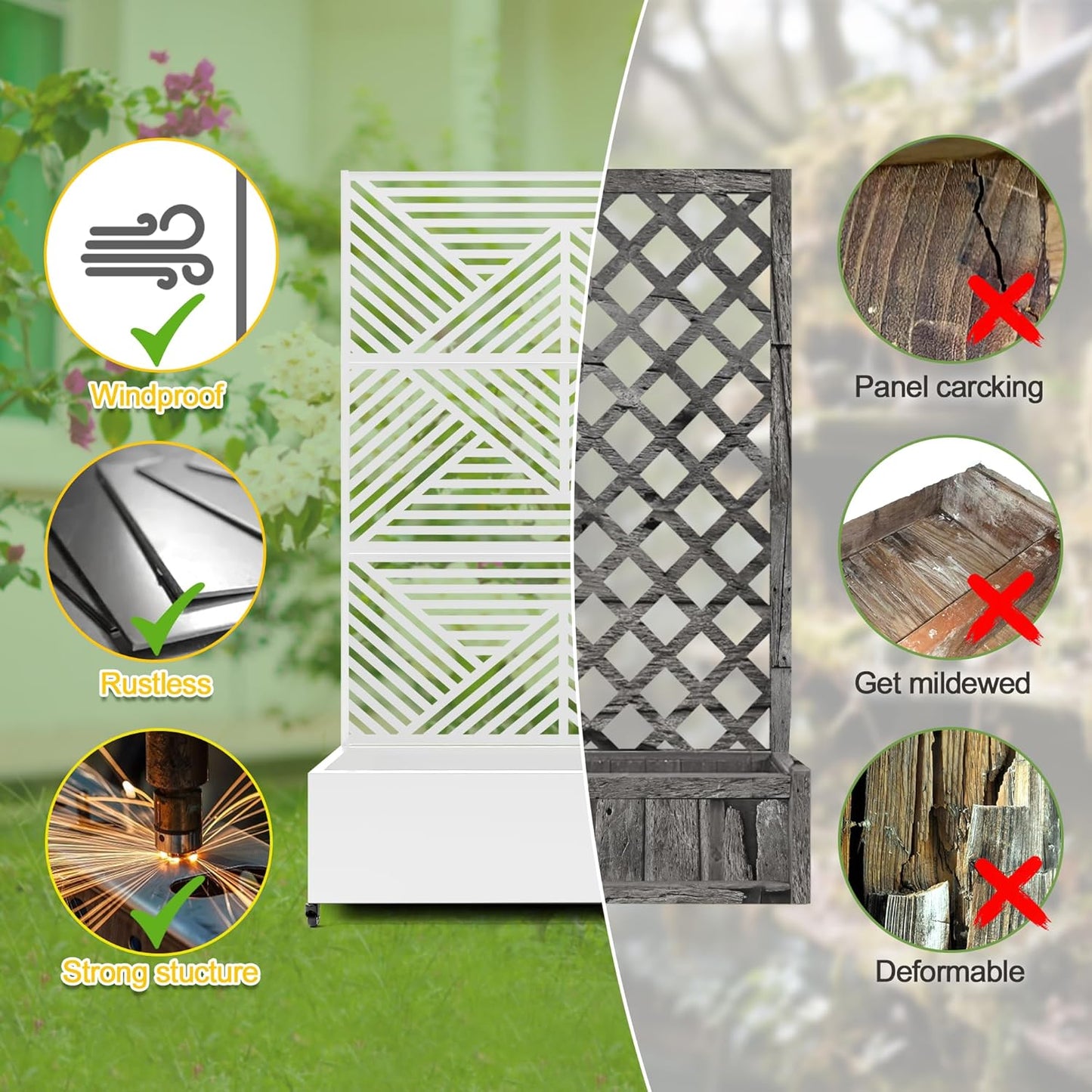 FENCY Metal Raised Garden Bed with Wheels and Trellis,73"x47"x16" Planter Box for Climbing Plants, Vegetables & Vines, Features Privacy Screen and Drainage Holes (White-Modern)