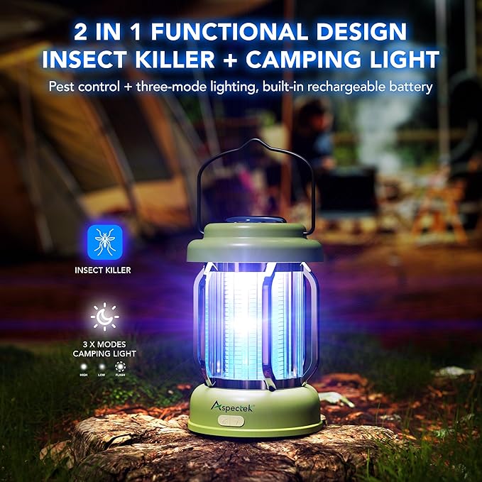 ASPECTEK Waterproof Bug Zapper Lantern – Portable Rechargeable Mosquito Zapper and Fly Trap Light, Cordless Electric Insect Killer with Type-C Charging, Indoor/Outdoor Use for Patio, Camping, Garden