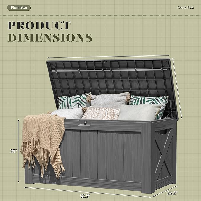 Flamaker Resin Deck Box 120 Gallon Waterproof Large Outdoor Indoor Storage Box Imitation Wood Resin for Patio Furniture Garden Tools and Pool (Gray)