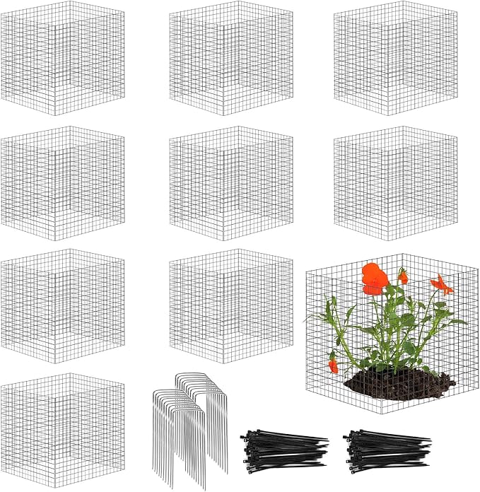 10 Pack Plant Protector from Animals, 12'' x 12'' Square Metal Plant Cages Wire Plant Protectors 40pcs Metal Mesh to Keep Animals Out, Garden Protection Bunny Barricades for Garden Flowers Vegetables