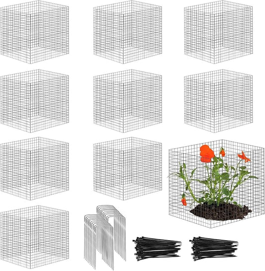 10 Pack Plant Protector from Animals, 12'' x 12'' Square Metal Plant Cages Wire Plant Protectors 40pcs Metal Mesh to Keep Animals Out, Garden Protection Bunny Barricades for Garden Flowers Vegetables