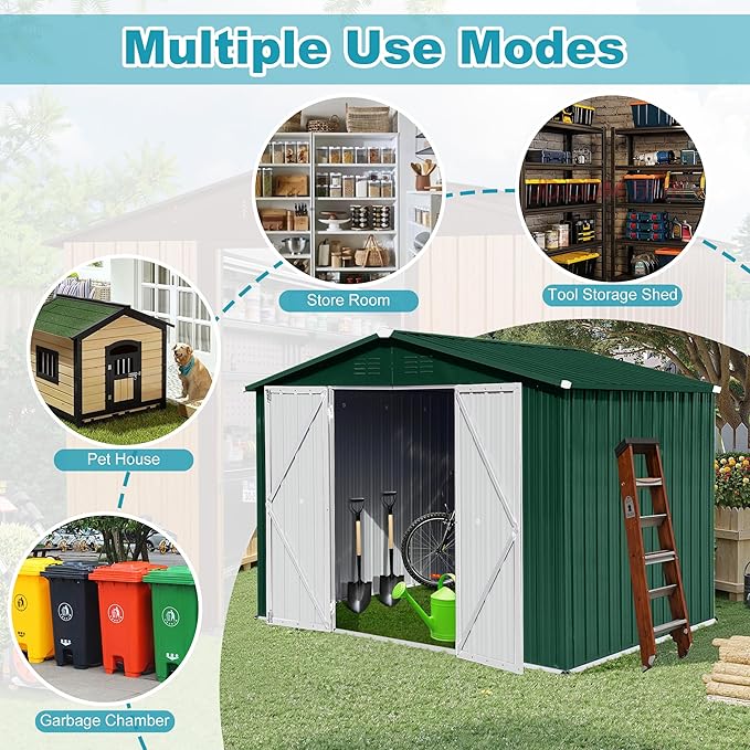 Storage Shed 8ft×6ft Classic Apex Roof Tool Shed Outdoor Storage Metal Garden Storage Sheds Tool Cabinet with Hinged Door Syste for Backyard, Patio, Poolside, Green