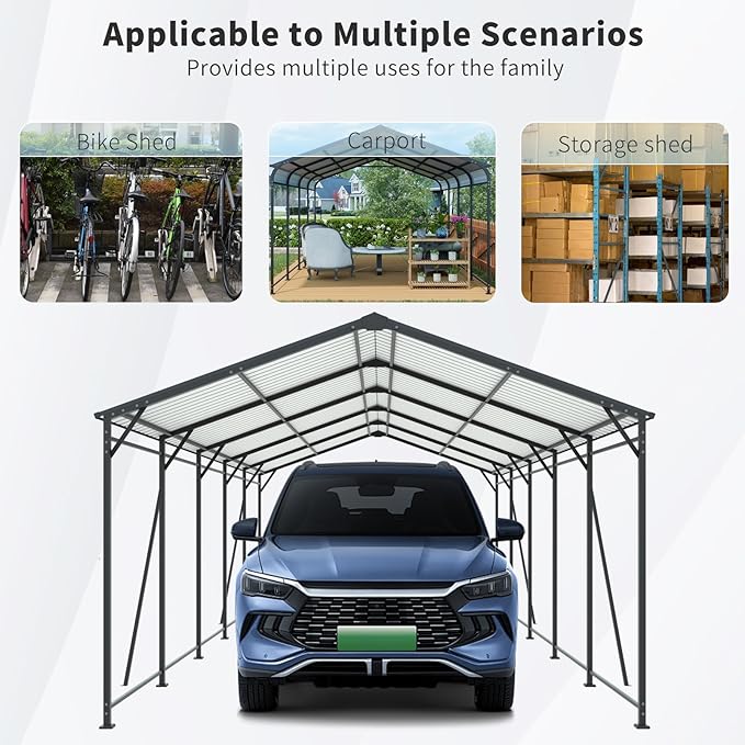 Carport, Heavy Duty Carport with Galvanized Steel Roof and Frame, Metal Large Garage with 4 Fixed Inclined Square Tube Supports (13 * 26.5 FT)