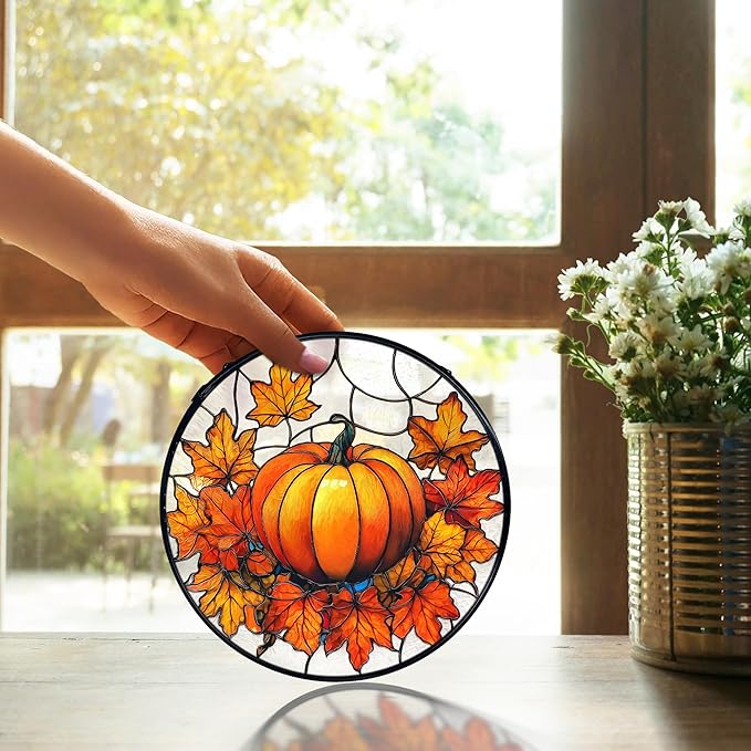 TNUW Fall Pumpkin Stained Glass Window Hanging, Farmhouse Autumn Pumpkin Maple Leaf Sun Catchers Indoor Window Glass Round Wall Art Decor, Rustic Fall Wall Hanging Decorations, 7.9＂x7.9＂