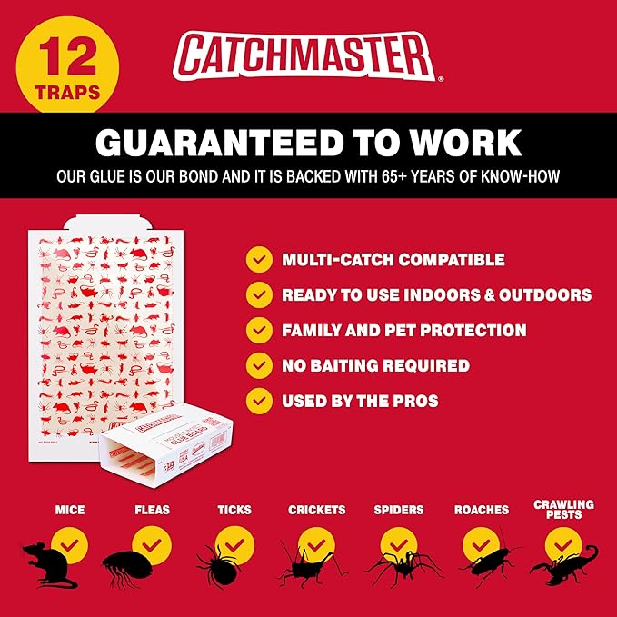 Catchmaster Mouse & Insect Glue Boards 12-Pk, Mouse Traps Indoor for Home, Bulk Glue Traps for Mice and Rats, Adhesive Boards for Inside House, Snake, Lizard, & Spider Trap, Pest Control for Home