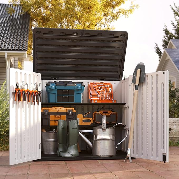 Vertical Resin Storage Shed with 2 Shelves, 47 Cuft Garden Tool Sheds & Outdoor Storage, Plastic Outdoor Storage Cabinet Waterproof, 4.5x2.8 ft Backyard Outside Lawn Mower Storage Shed, White