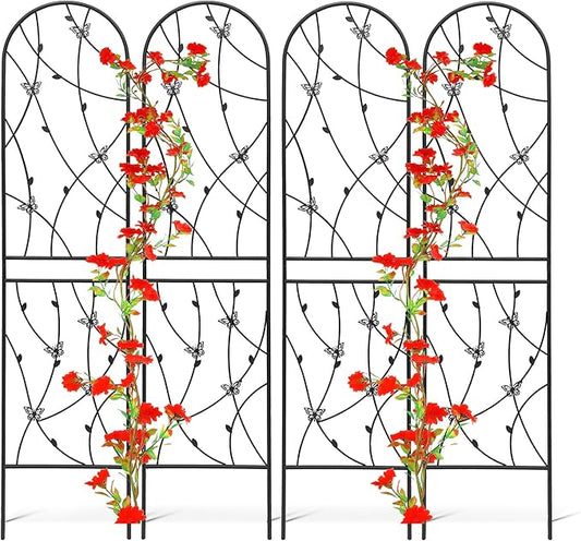 4 Pack Metal Garden Trellis 86.7" Tall Outdoor Climbing Plant Support for Roses, Flowers, Rustproof Durable Black Galvanized Tube, Lawn Garden Fence Decor Screen (4, Black flutter-86.7" H)
