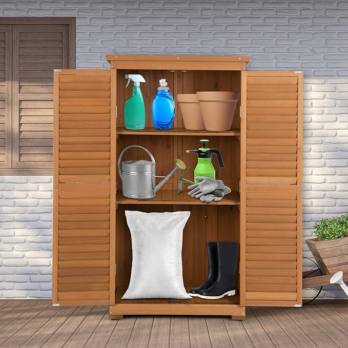 Goplus Outdoor Storage Cabinet, 63" Wood Garden Tool Shed with Double Lockable Doors, 3 Shelves and Asphalt Roof, Multipurpose Storage Shed for Patio Lawn Garden Yard, Natural