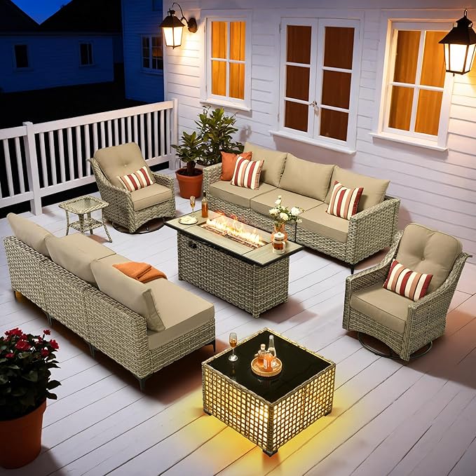 HOOOWOOO Outdoor Patio Furniture Set with Fire Pit Table,11 Pieces Wicker Out Door Sectional Furniture L Shaped Couch,Outside Patio Conversation Swivel Chair Sets,Beige