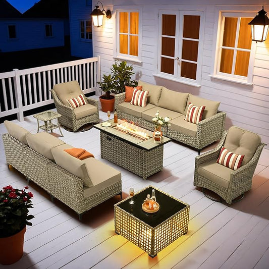 HOOOWOOO Outdoor Patio Furniture Set with Fire Pit Table,11 Pieces Wicker Out Door Sectional Furniture L Shaped Couch,Outside Patio Conversation Swivel Chair Sets,Beige