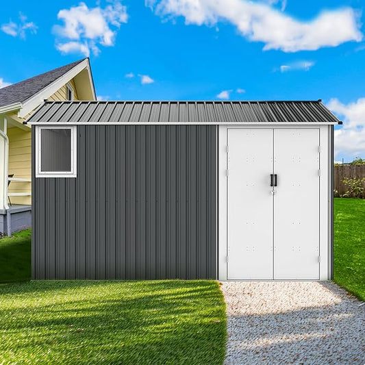 8x12 Ft Outdoor Storage Shed with Floor Frame and Window,Large Metal Utility Tool House W/Double Hinged Door & 4 Air Vents,All Weather Waterproof Garden Sheds for Backyard,Patio,Lawn,Dark Gray