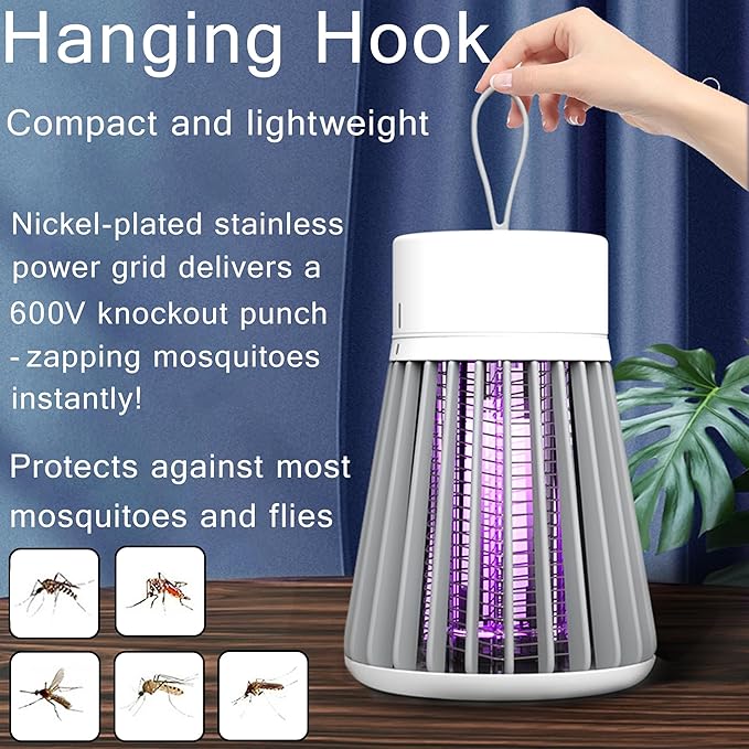 Bug Zapper Portable Camping Outdoor, Cordless Mosquito Zapper, Rechargeable Indoor Fly Zapper, Mosquito Repellent with Safety Grid, USB Charging Mosquito Killer for Indoor/Outdoor, Grey