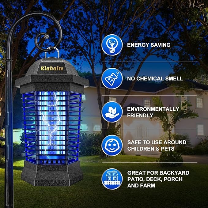 Klahaite Bug Zapper Outdoor, Electric Mosquito Zapper, Fly Zapper Indoor Fly Traps, Mosquito Repellent Outdoor Patio and Backyard Covers 1/2 Acre, 3 Prong Plug, 4200V, ABS Fireproof Plastic Outer